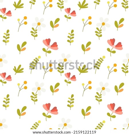 Floral Seamless pattern – flowers, plants on white background. Vector kids illustration for nursery design. Spring pattern for baby clothes, wrapping paper.