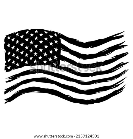 American Distressed Flag. USA Grunge Patriotic Symbol. Silhouette Stoke Icon.United States of America american flag, black isolated on white background, vector illustration.