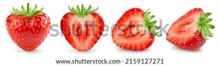 Strawberry isolated. StrawberryÂ half on white background. Strawberry slice and whole with leaves. Full depth of field.