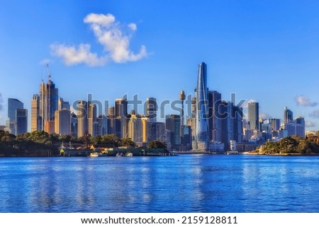 Goat island on Sydney harbour and Parramatta river in view of city CBD skyline high-rise towers with Barangaroo Royalty-Free Stock Photo #2159128811