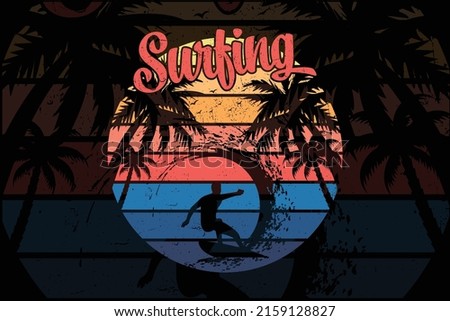 Surfing summer graphic t shirt design, tropical print, vector illustration