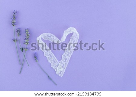 greeting card, greeting template concept with lavender flowers and heart shaped ribbon on purple background with copy space. beautiful flowers on purple. natural or floral greeting card template