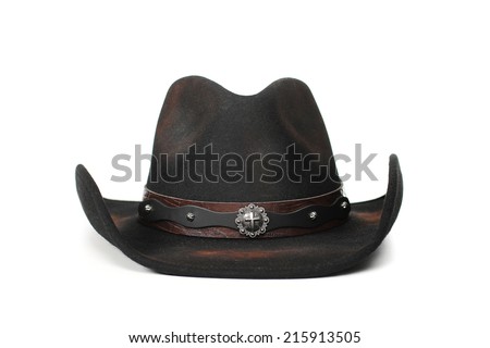 black leather cowboy hat on a white background Royalty-Free Stock Photo #215913505