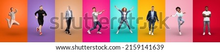 Set of beautiful multiethnic men and women different ages posing on colorful studio background, collection of candid photos of positive people grimacing, gesturing, walking, jogging, panorama