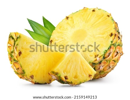 Pineapple with leaves and slices isolated. Cut pineapple with pieces on white background. Full depth of field. Royalty-Free Stock Photo #2159149213