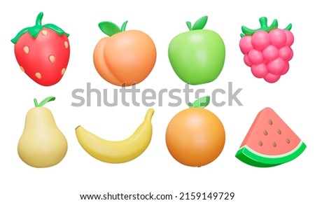 Fruits and berries 3d icon set. Strawberry, peach, apple, raspberry, pear, banana, orange, watermelon. Isolated icons, objects on a transparent background Royalty-Free Stock Photo #2159149729