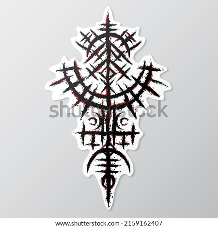 White background with ink blots and abstract black brushed symbol. Old norse viking mythology wallpaper with rune symbol. Tattoo sample pattern design