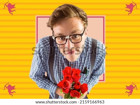 Portrait of caucasian man holding bunch of roses against banner with copy space on yellow background. valentine's day and love concept