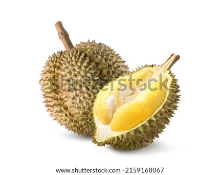 Durian fruit with cut in half  isolated on white background. Clipping path. Royalty-Free Stock Photo #2159168067