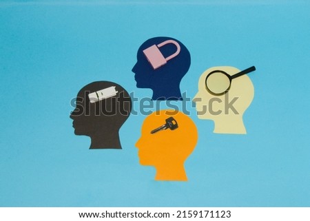 colorful head with a brain of flash memory, magnifier, key and padlock, creative design, security and data protection