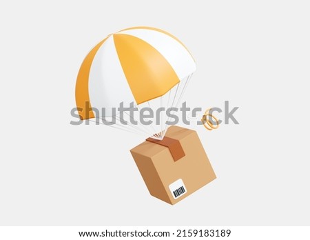 3D Cardboard box with parachute. Fast delivery concept. Parcel airdrop. Order from online store. Cargo shipment service. Cartoon creative design icon isolated on white background. 3D Rendering