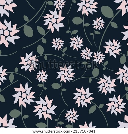 Cute art floral seamless pattern. Pink-gray abstract flowers with azure stems and leaves are randomly arranged on a black background. Vector.
