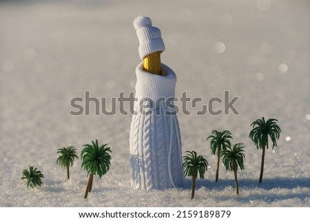 Photography of artificial palm trees with bottle of champagne in the form of a human figure dressed in warm snow-white winte clothes. Concept of holidays and dreams about vacation near the sea.