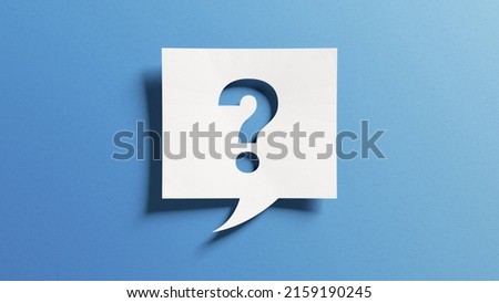 Question mark symbol for FAQ, information, problem and solution concepts. Quiz, test, survey, interrogation, support, knowledge, decision. Minimalist design with icon cutout paper and blue background. Royalty-Free Stock Photo #2159190245