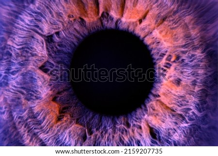 Macro photo of colored purple human eye texture background. extreme blue eye macro shot. Toned eye lens Royalty-Free Stock Photo #2159207735