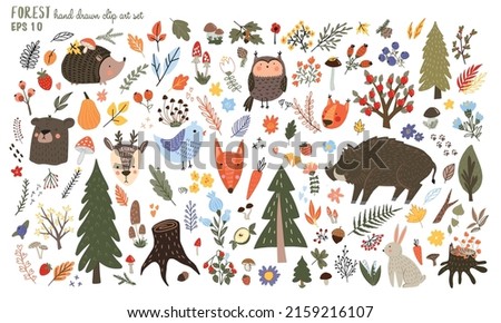 Scandinavian forest trees, flowers and animals elements isolated on white background.Clipart of woodland elements, Cartoon hand drawn stickers with forest flora and fauna. Forest stickers 