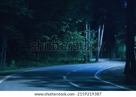 Night asphalt footpath in park lighted by street lamp. Nighttime with curvy roadway in forest at national park. Night road in forest. Scenic night landscape of road through the park. Royalty-Free Stock Photo #2159219387