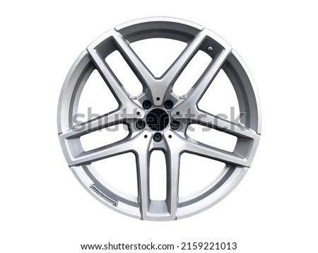 Car alloy wheel isolated on white background. New alloy wheel for a car on a white background. Alloy rim isolated. Car wheel disc. Royalty-Free Stock Photo #2159221013