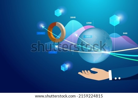 Global business development, financial investment and stock market exchange analysis. Businessman hand hold virtual globe with 3D graph chart with block chain technology.