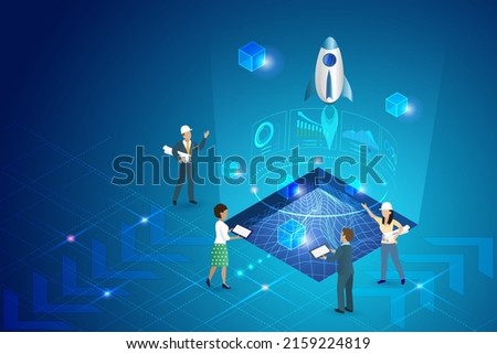 Sandbox and startup new business demo test software programing. Diversity engineering team and investor launching rocket from sandbox with virtual reality simulation technology. Royalty-Free Stock Photo #2159224819