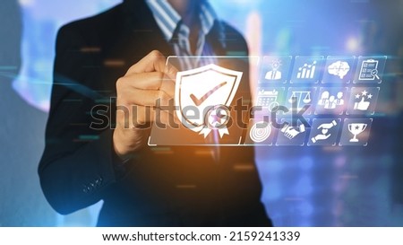 Quality assurance standard and certification. Certified internet businesses and services. Compliance to international guarantee. Concept for QA management and ISO certification organization service Royalty-Free Stock Photo #2159241339