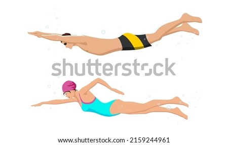 Isolated active healthy strong young man, woman, girl, boy, swimmer swimming pool, glasses, sport suit, competition, training fitness, gym, workout. Freestyle swimming, diving. Vector illustration Royalty-Free Stock Photo #2159244961