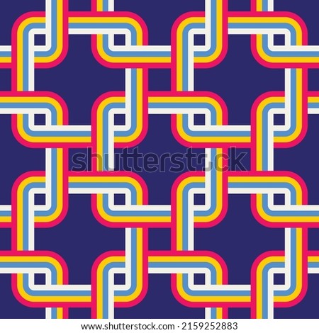 Intertwining rainbow stripes - geometric background design. Abstract seamless pattern in vintage style. Decorative ornament mosaic. Geometrical loop structure. Vector illustration. 