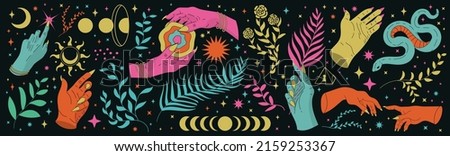 Collection of abstract mystical female hands with flowers, drawn in cartoon style, touching, divination with palms. Vintage vector stickers Royalty-Free Stock Photo #2159253367