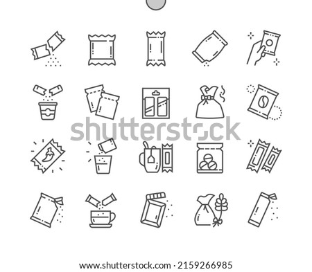 Sachet. Sugar powder packet, soluble pill. Aromatic sachet. Open package. Pixel Perfect Vector Thin Line Icons. Simple Minimal Pictogram Royalty-Free Stock Photo #2159266985