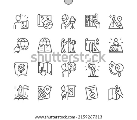 Cartographer. Map and compass. Atlas book. Geography. Pixel Perfect Vector Thin Line Icons. Simple Minimal Pictogram Royalty-Free Stock Photo #2159267313