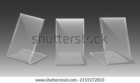 Plastic holder. Acrylic tent, transparent stand, office tag display, information desk sign, acryllic leaflet plate, menu priceholder Royalty-Free Stock Photo #2159272833
