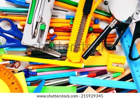 Stationery and school accessories. A bright background.