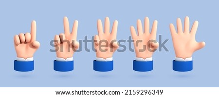 Vector cartoon hands shows fingers, counting from one to five isolated on blue background. 3D cartoon set of counting hands. Hands gesture numbers.