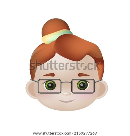 Vector 3d illustration, the girl's face in glasses, red hair, green eyes. Avatar, icon for the application. Kawaii smiling cartoon character.Suitable for children's products, books