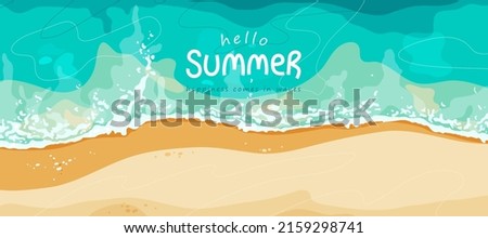 Summer vector background. Tropical ocean beach banner with yellow sand and blue sea. Text sign summertime travel. Top view on shore with wave water, white foam. Royalty-Free Stock Photo #2159298741