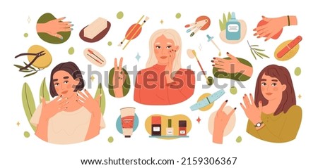 Manicure accessories and cosmetics, cuticle, nails care beauty routine. Women applying manicure, polished fingernails and manicure tools vector illustration set. Cartoon manicure collection