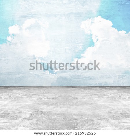 Old distressed concrete room with sky picture on the wall