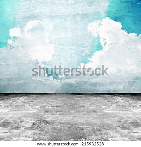 Old distressed concrete room with sky picture on the wall
