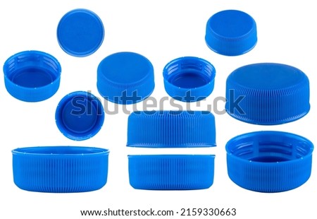 Blue caps for bottles, different sizes. Set of blue caps isolated on a white background. Royalty-Free Stock Photo #2159330663