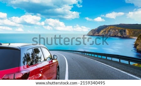 highway view on ocean beach. road landscape in summer. highway landscape at mediterranean. car driving on the roads of europe. coastal road in europe. Colorful seascape in the Mediterranean. Royalty-Free Stock Photo #2159340495