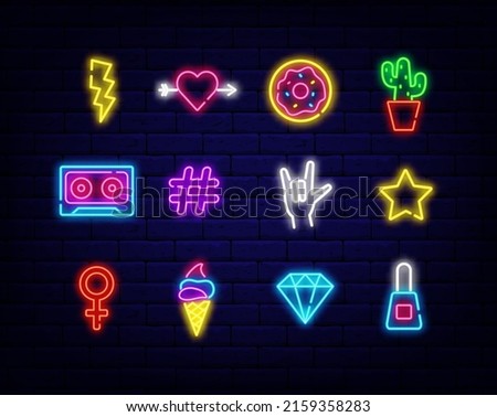 Pop art neon icons collection. Ice cream and donut. Cactus, star and diamond. Summer signboard. Cute symbols for bar, cafe and shop. Editable stroke. Vector stock illustration Royalty-Free Stock Photo #2159358283