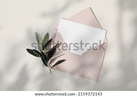 Summer Mediaterranean wedding stationery still life. Blank greeting card, imvitation mockup. Blush pink envelope in sunlight, beige table background in sunlight. Green olive tree branches. Flat lay Royalty-Free Stock Photo #2159372143