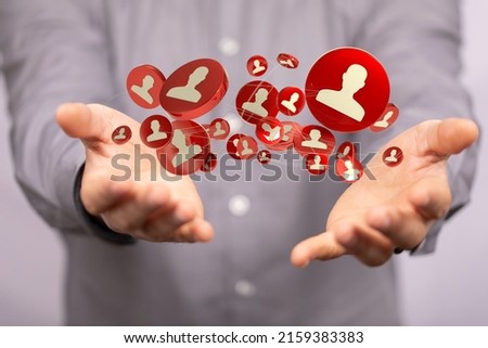 the Hologram of 3D rendered male person icons on the circle concept with a person's hand holding it
