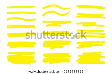 Highlight underline brush. Yellow marker pen stroke. Line brush vector set for memo highlight element, yellow marker effect, drawing text frame.