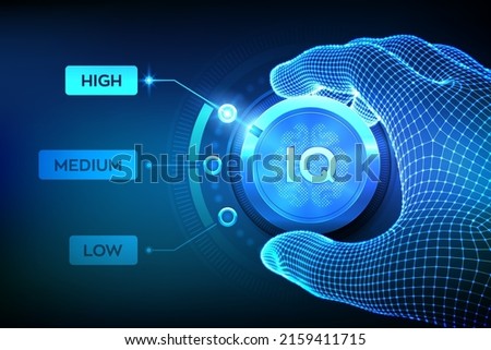 IQ levels knob button. Increasing Intelligence Quotient Level. Wireframe hand setting IQ button on highest position. Intelligence testing concept. Vector illustration. Royalty-Free Stock Photo #2159411715