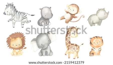 Watercolor safari animals, lion, zebra,  monkey, hippo, elephant, giraffe illustration for kids