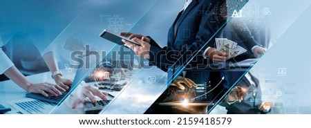 Business and economic growth on global business network, Data analysis of financial and banking, Stock, AI, Technology and data connection, Security, Blockchain and Networking, Business strategy.  Royalty-Free Stock Photo #2159418579