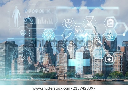 New York City skyline from Roosevelt Island over the East river towards skyscrapers of Midtown Manhattan, day time. Health care digital medicine hologram. The concept of treatment, disease prevention