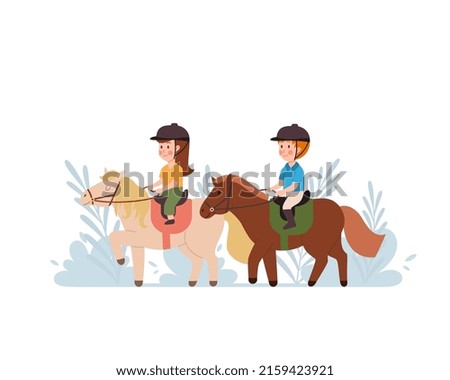 Children boy and girl go horseback riding. Horse riding lessons and sports for children, flat cartoon vector illustration isolated on white background.