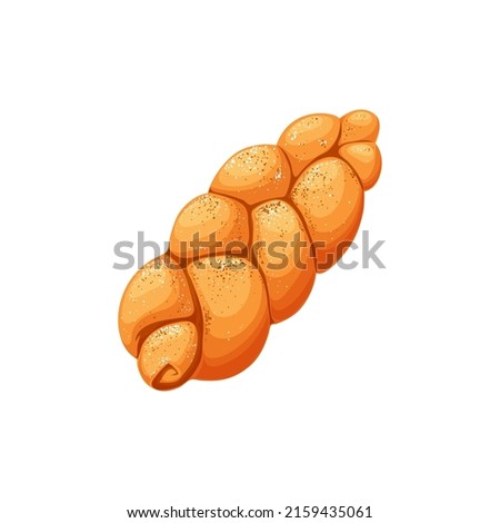 Braided bread isolated cartoon plaited loaf with cinnamon or sugar. Vector bakery goods, pastry product. Sweet bun foodstuff. Homemade wicker pastry food, challah jewish traditional holiday bread Royalty-Free Stock Photo #2159435061